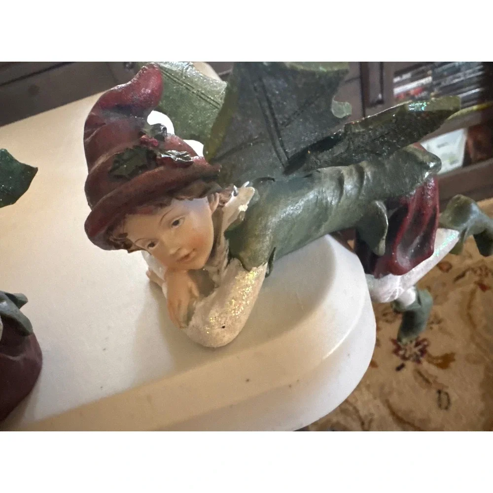 Christmas Elf Shelf Sitters Holly Leaf Wings Glitter Resin Figurines Set of 2